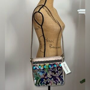 Andalossi NWT champagne Lizard leather beaded embroidered paisley shoulder bag